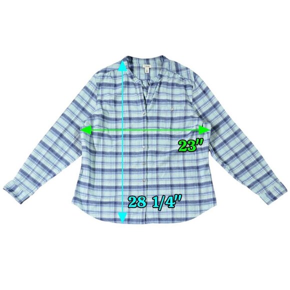 L.L. Bean 100% Cotton Flannel Blue Plaid Split Neck Button-Up Shirt Cabincore - Picture 3 of 9